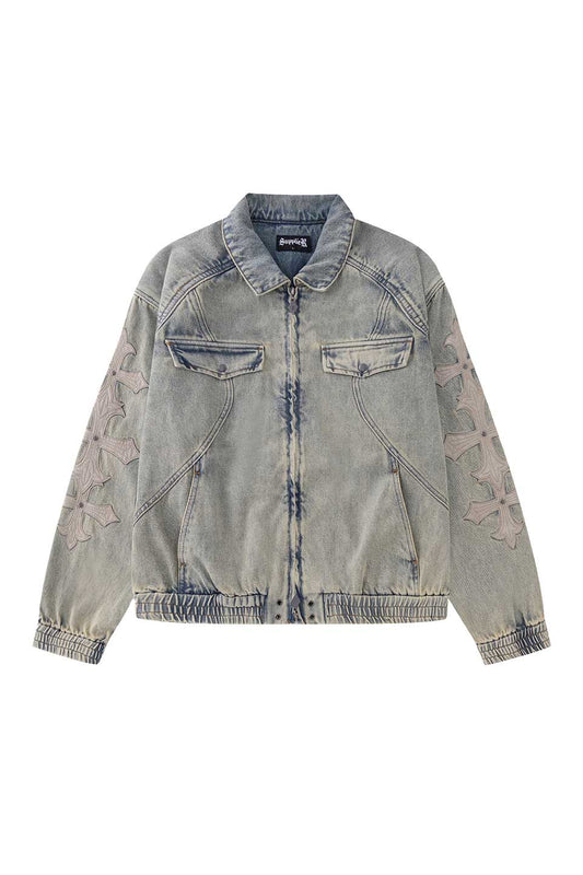 Cross Leather Patch Denim Jacket