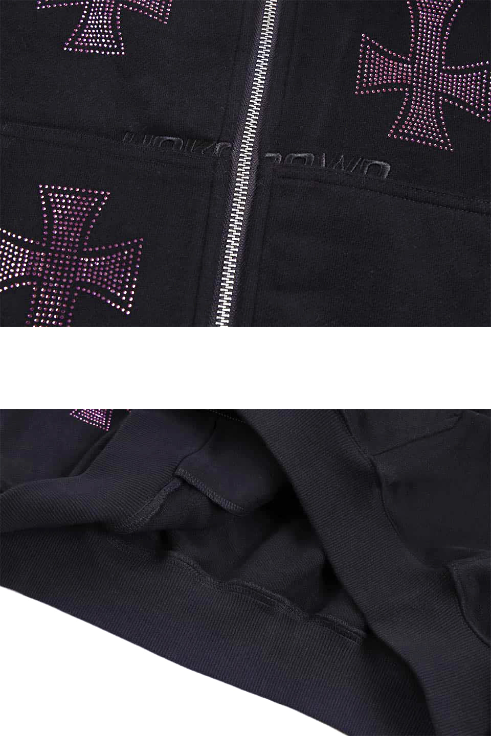 Black x Purple Rhinestone Cross Zip Hoodie