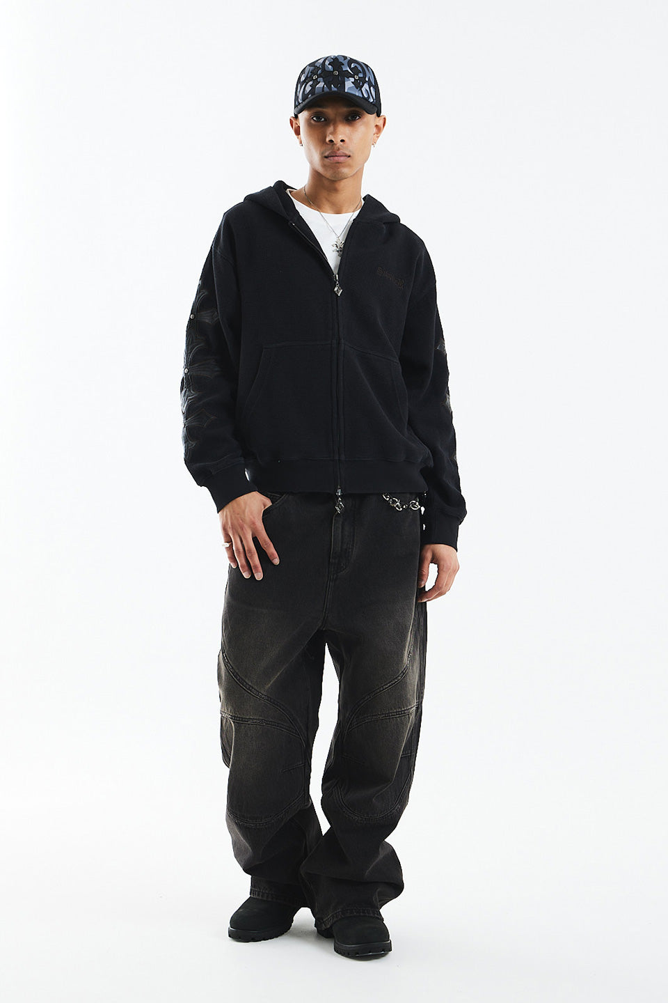 Cross Leather Patch Thermal Zip Hoodie