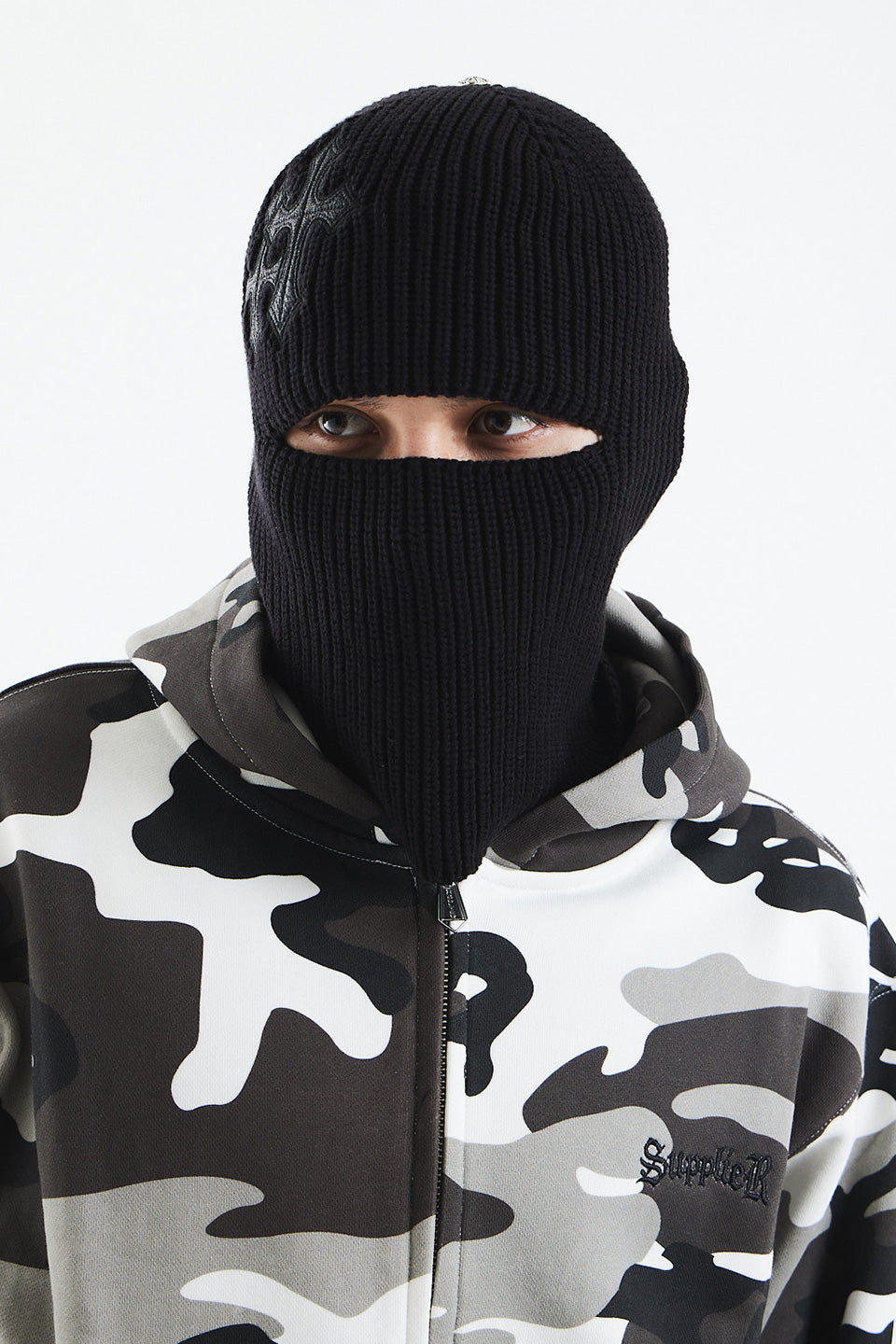 【予約商品】Cross Leather Patch Balaclava Beanie【1月下旬お届け】