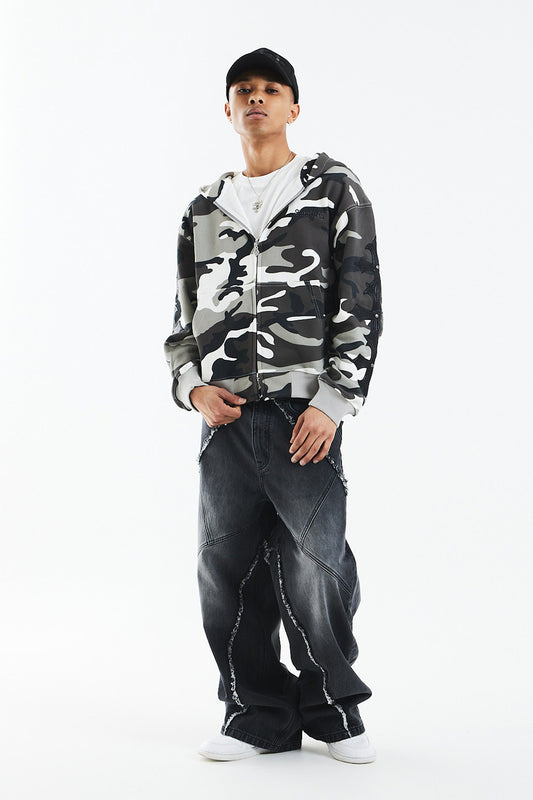 Camouflage Cross Leather Patch Zip Hoodie