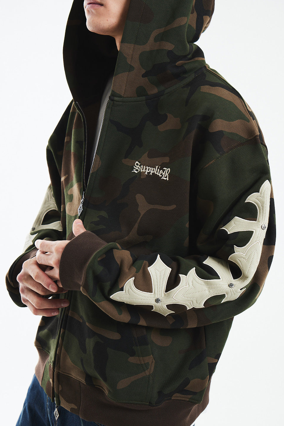 Camouflage Cross Leather Patch Zip Hoodie
