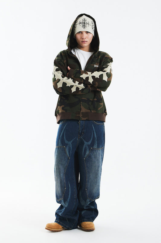 Camouflage Cross Leather Patch Zip Hoodie