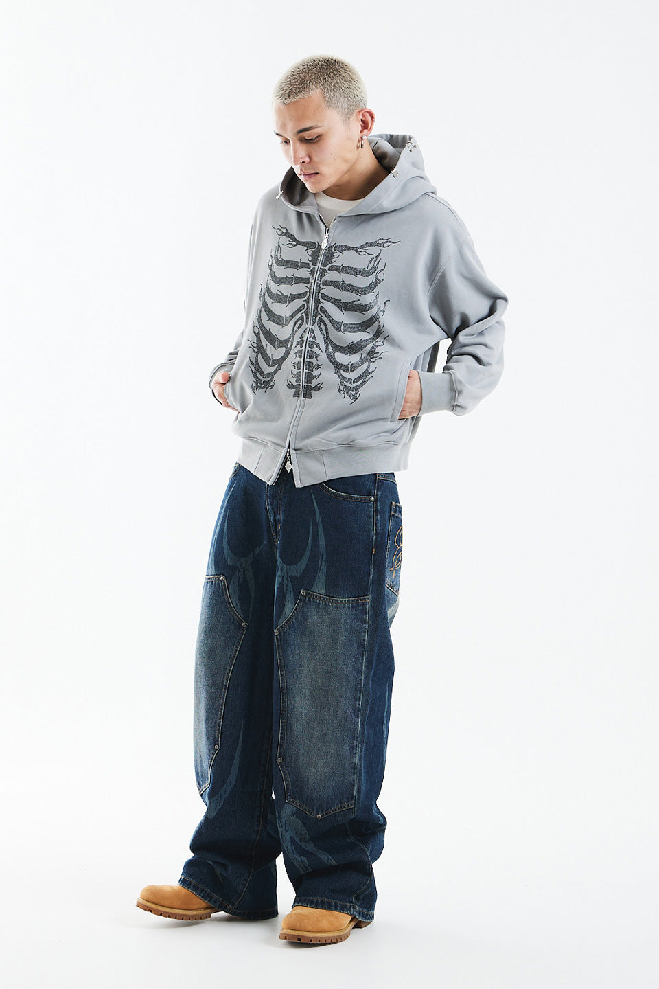 Fire Skeleton Rhinestone Zip Hoodie