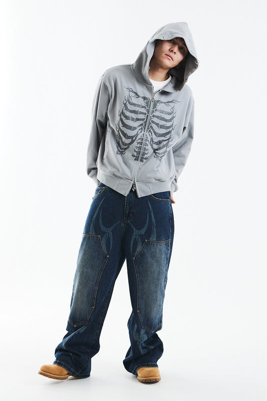 Vintage Wash Tribal Double Knee Baggy Jeans