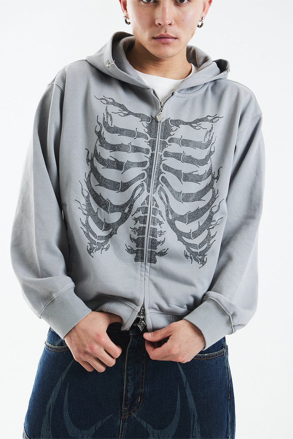 Fire Skeleton Rhinestone Zip Hoodie