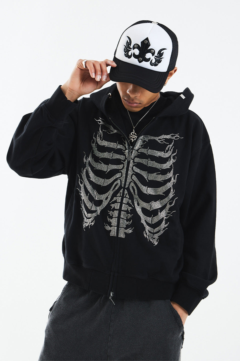 Fire Skeleton Rhinestone Zip Hoodie