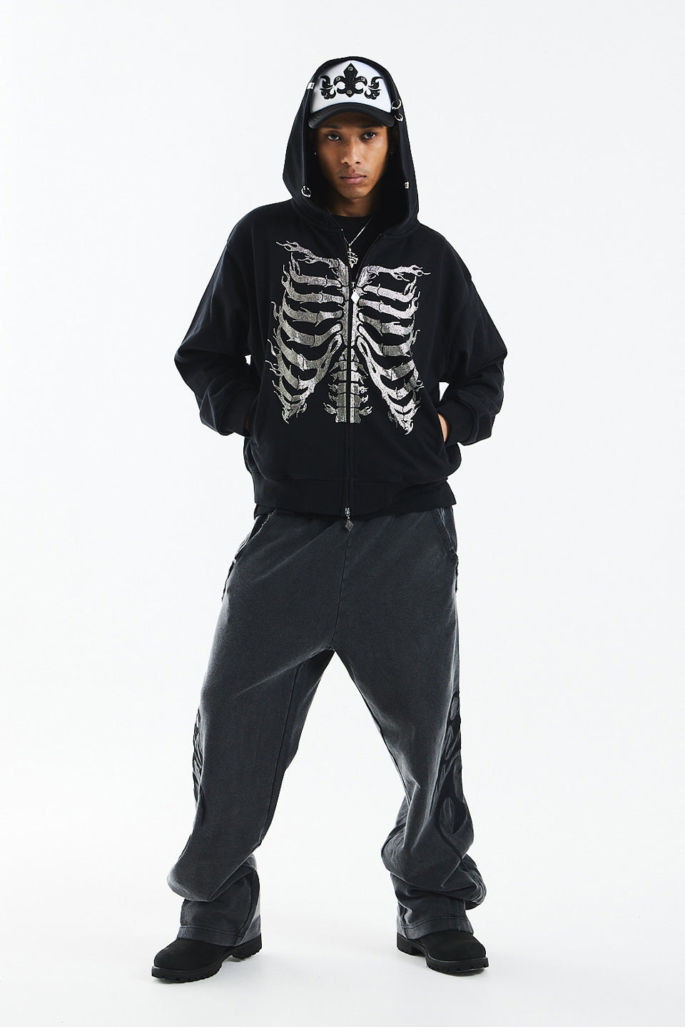 Fire Skeleton Rhinestone Zip Hoodie
