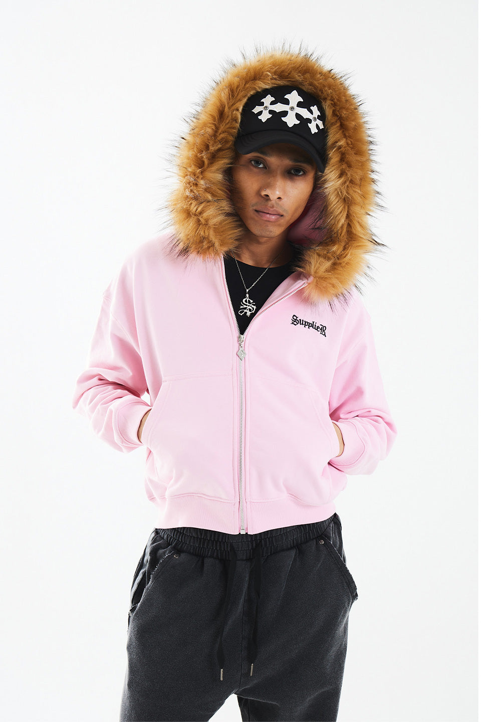 【予約商品】Faux Fur Cross Zip Hoodie【2月上旬お届け】