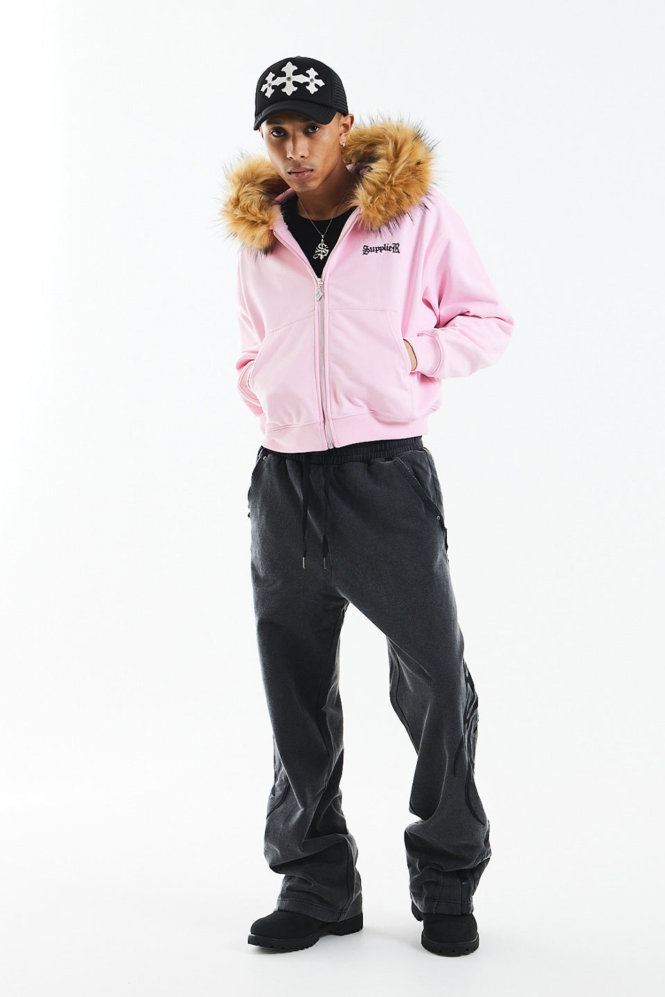 【予約商品】Faux Fur Cross Zip Hoodie【2月上旬お届け】