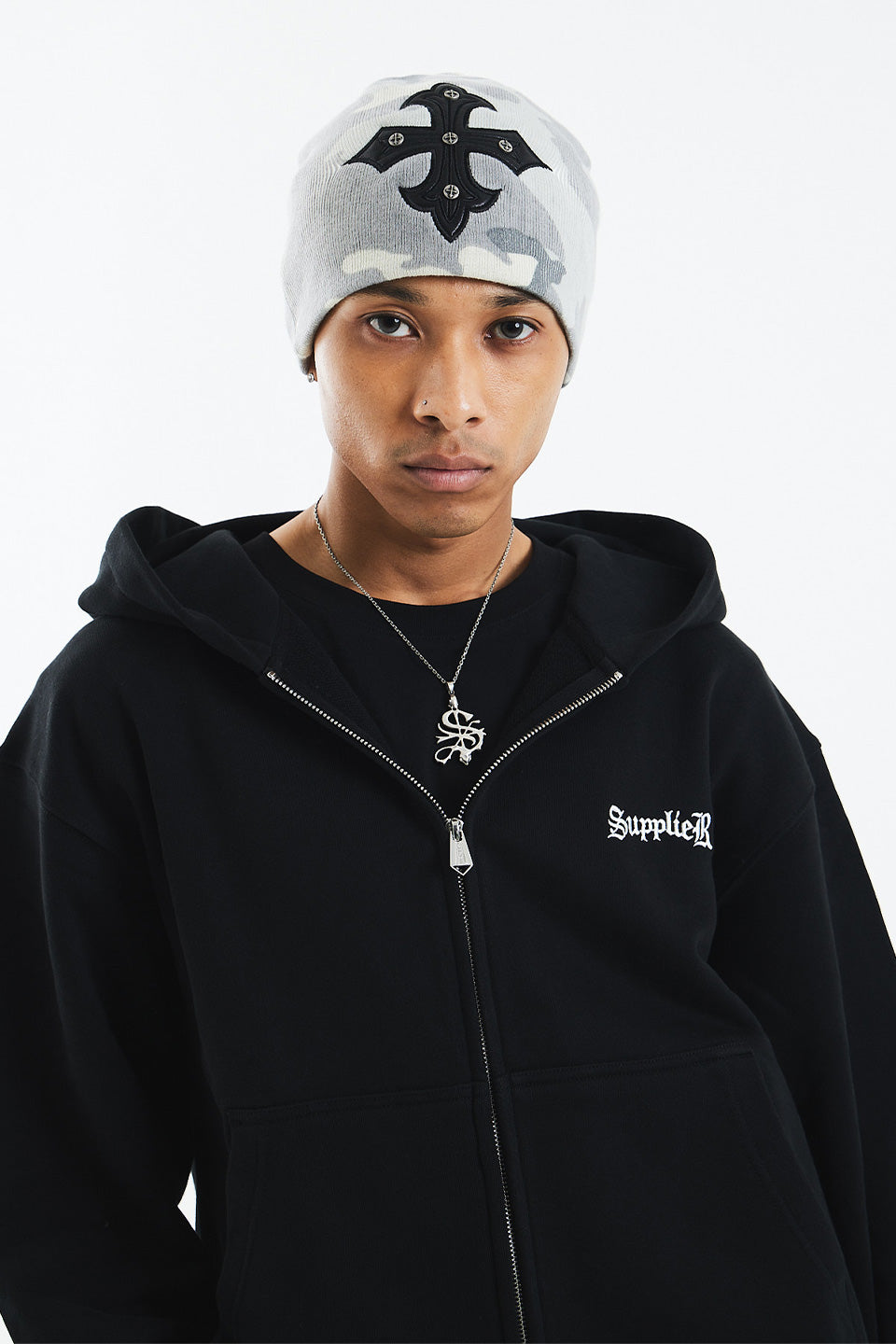 Camouflage Cross Leather Patch Beanie