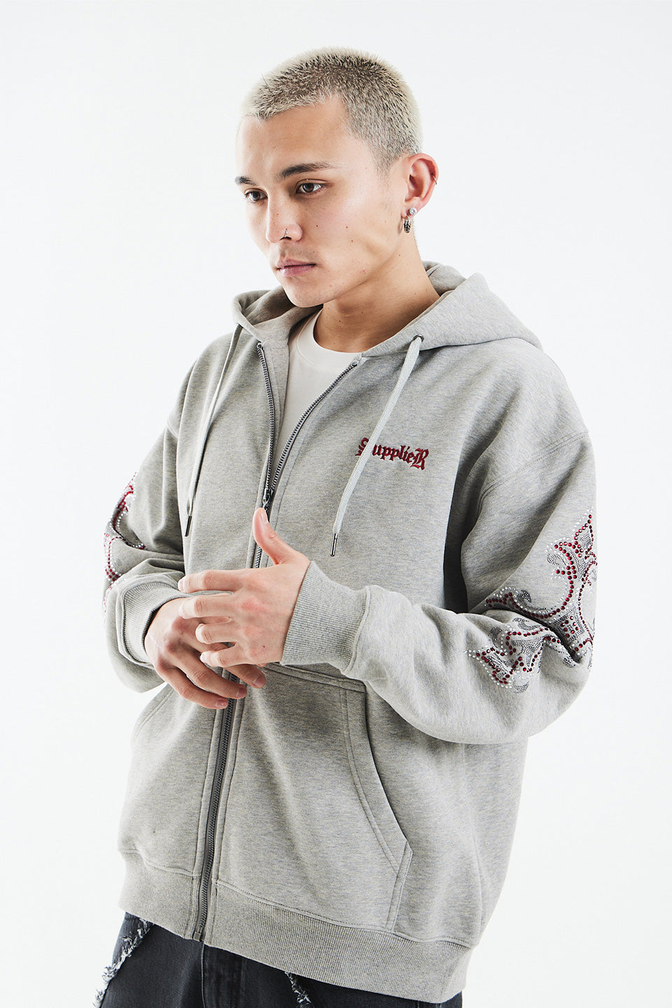 Rhinestone Cross Sleeve Zip Hoodie｜SUPPLIER｜フーディー