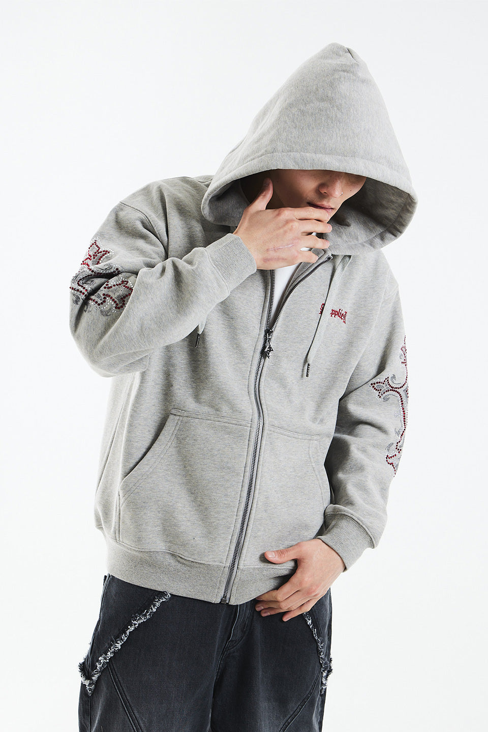 Rhinestone Cross Sleeve Zip Hoodie｜SUPPLIER｜フーディー