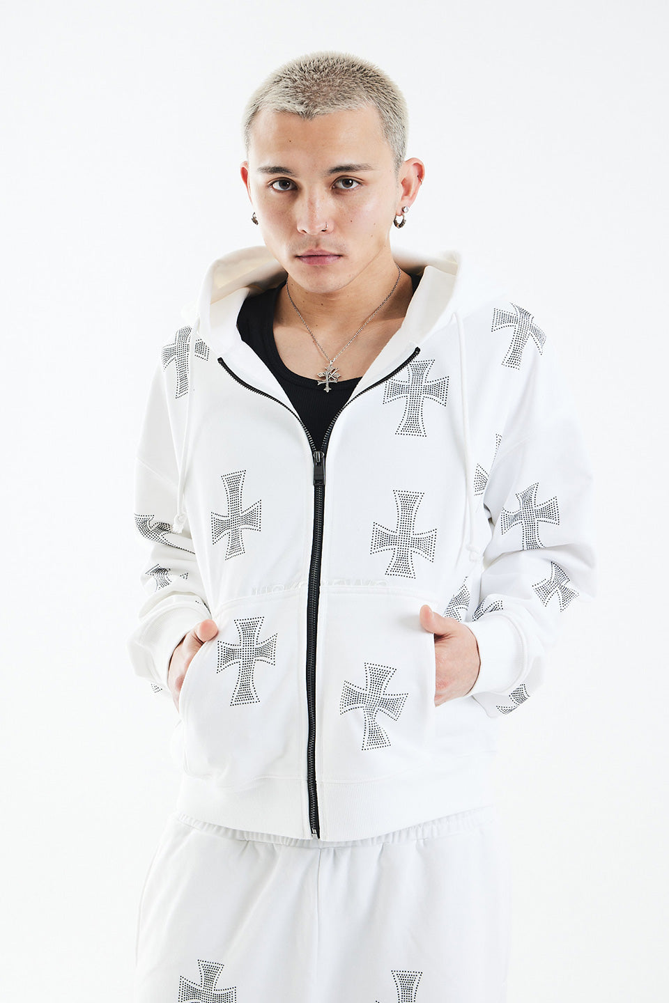 White Cross Rhinestone Zip Hoodie