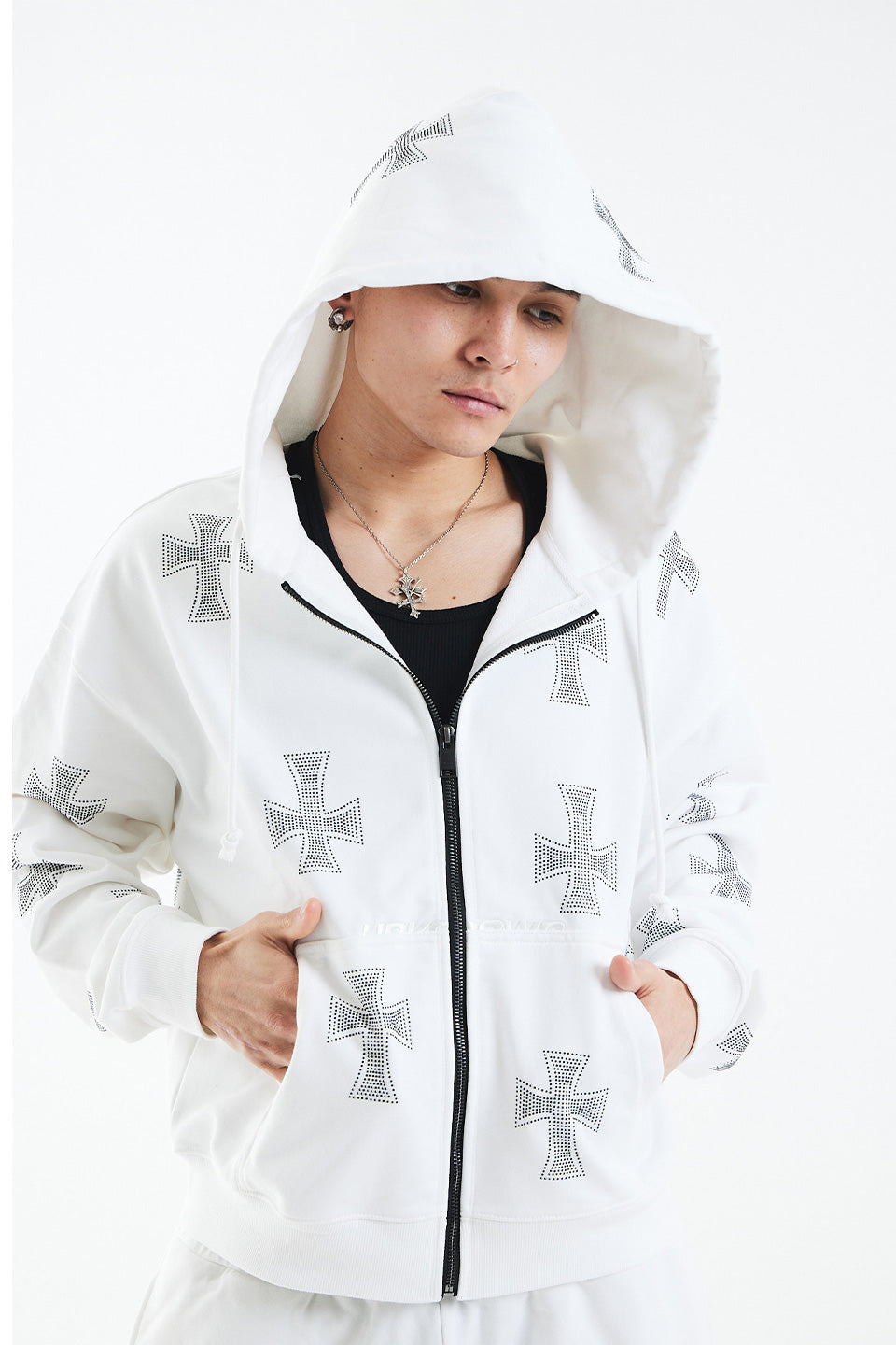 White Cross Rhinestone Zip Hoodie
