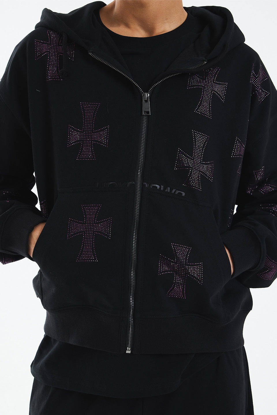 Black x Purple Cross Rhinestone Zip Hoodie｜Unknown London｜フーディー
