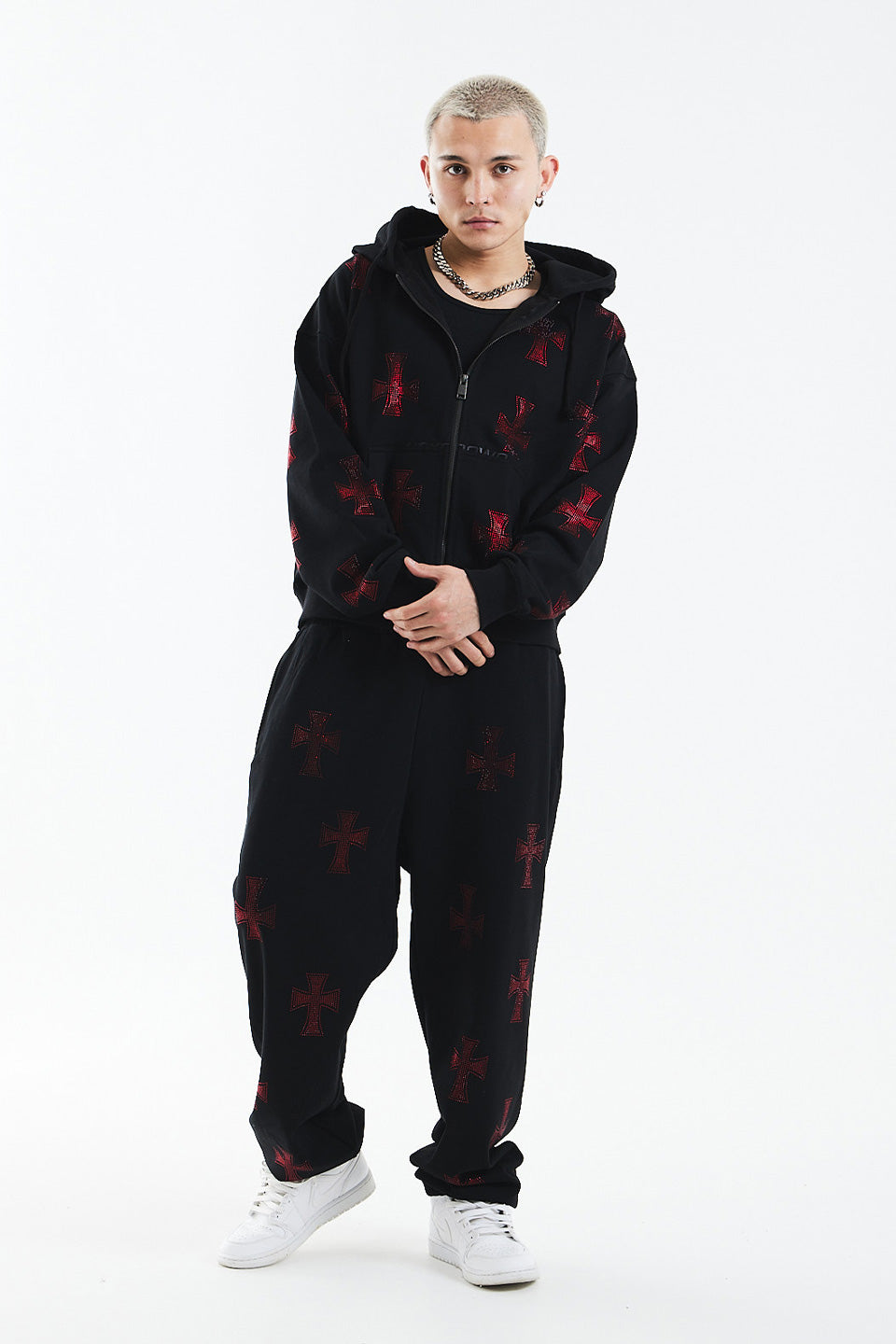 Black x Red Cross Rhinestone Zip Hoodie