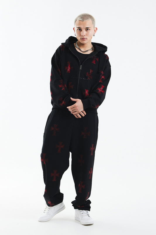 Black x Red Cross Rhinestone Zip Hoodie