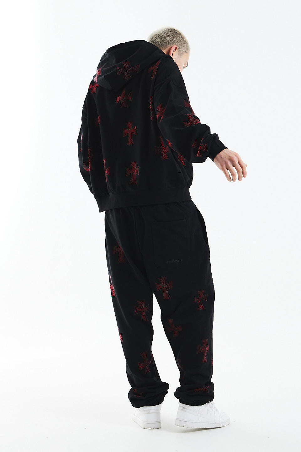 Black x Red Cross Rhinestone Zip Hoodie