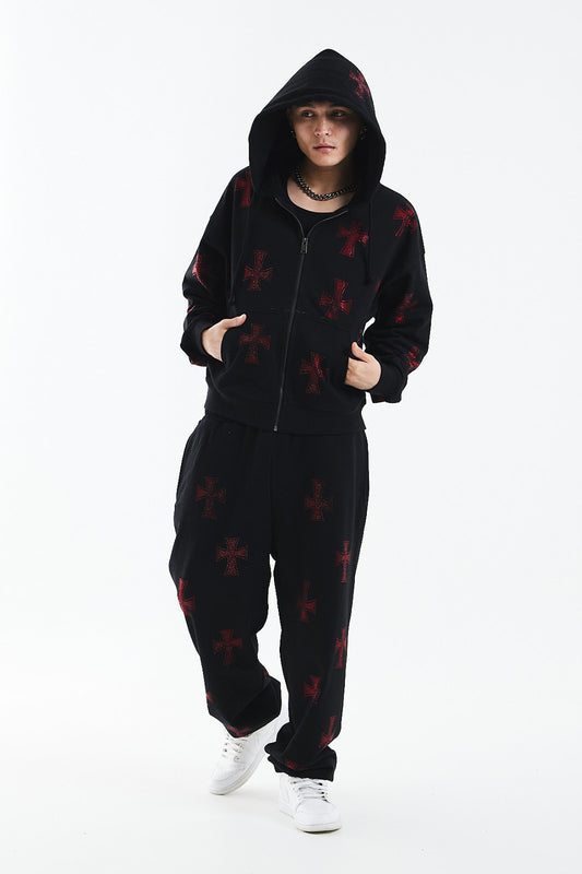 Black x Red Cross Rhinestone Jogger