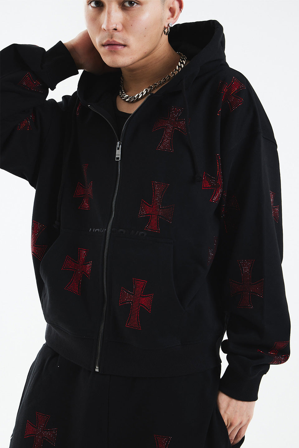 Black x Red Cross Rhinestone Zip Hoodie
