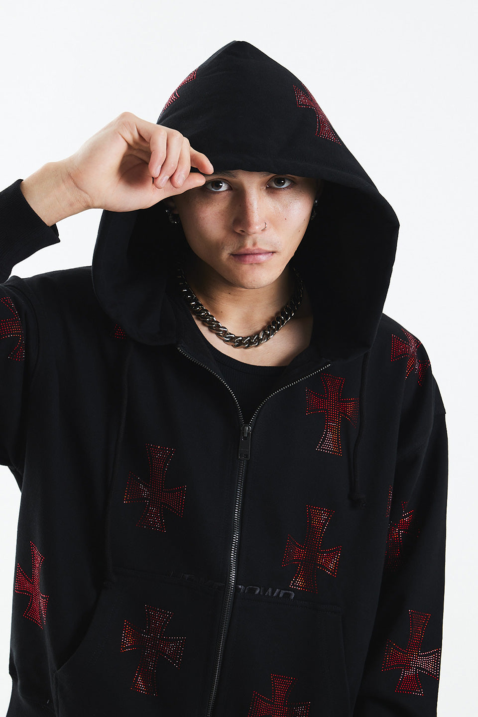 Black x Red Cross Rhinestone Zip Hoodie