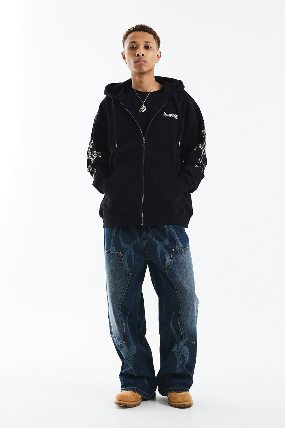 Rhinestone Cross Sleeve Zip Hoodie｜SUPPLIER｜フーディー