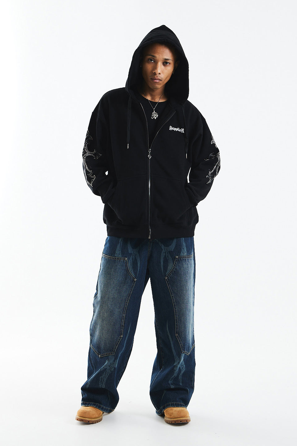 Rhinestone Cross Sleeve Zip Hoodie|SUPPLIER|フーディー Rhinestone Cross Sleeve Zip Hoodie|SUPPLIER|フーディー