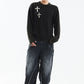 Distressed Multiple Cross Leather Patch Crew Knit