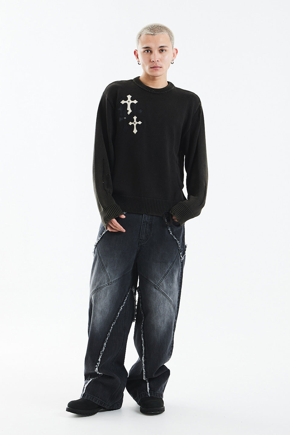 Distressed Multiple Cross Leather Patch Crew Knit