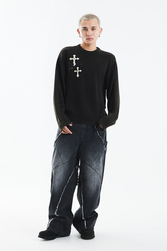 Distressed Multiple Cross Leather Patch Crew Knit