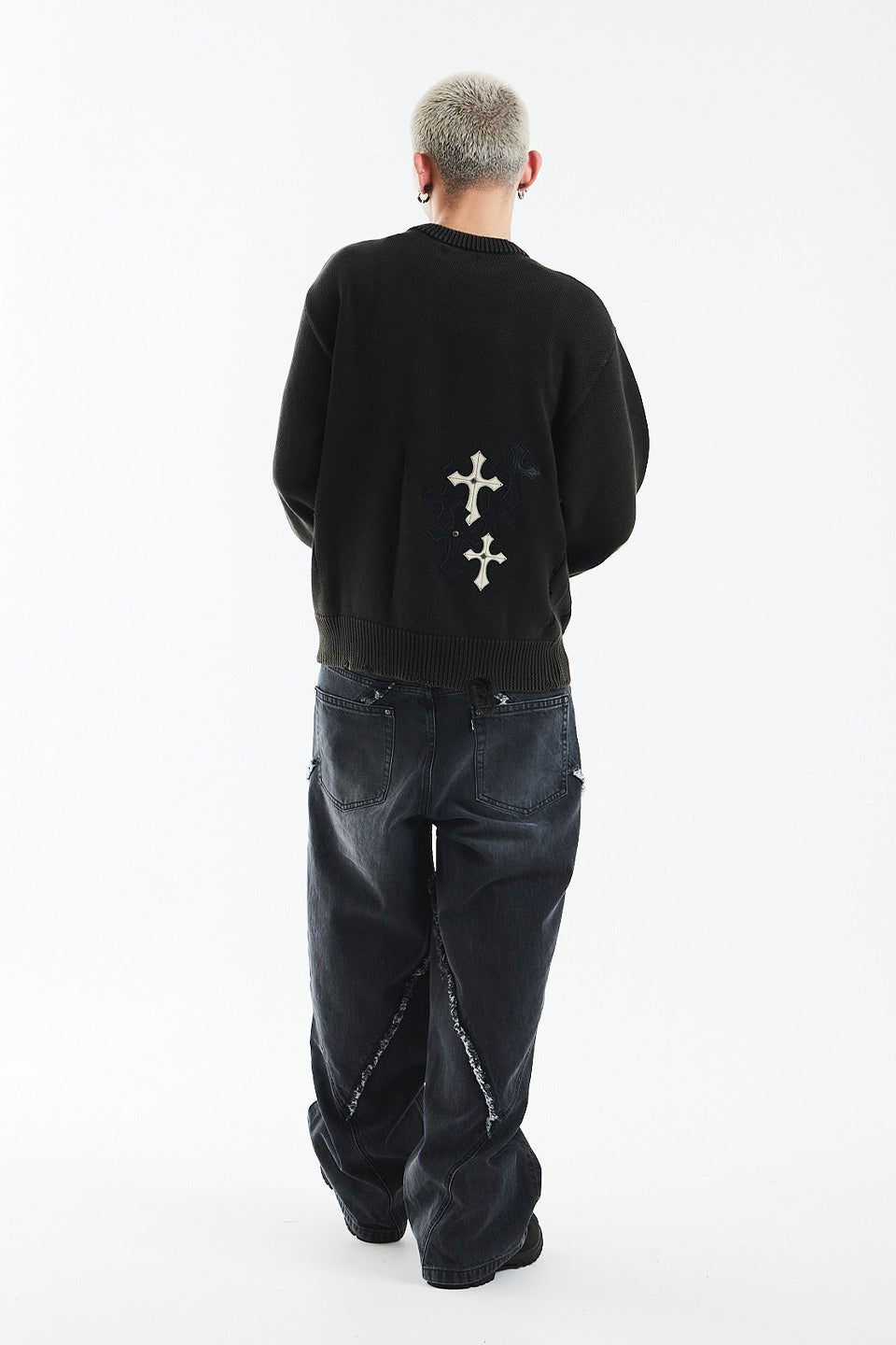 Distressed Multiple Cross Leather Patch Crew Knit