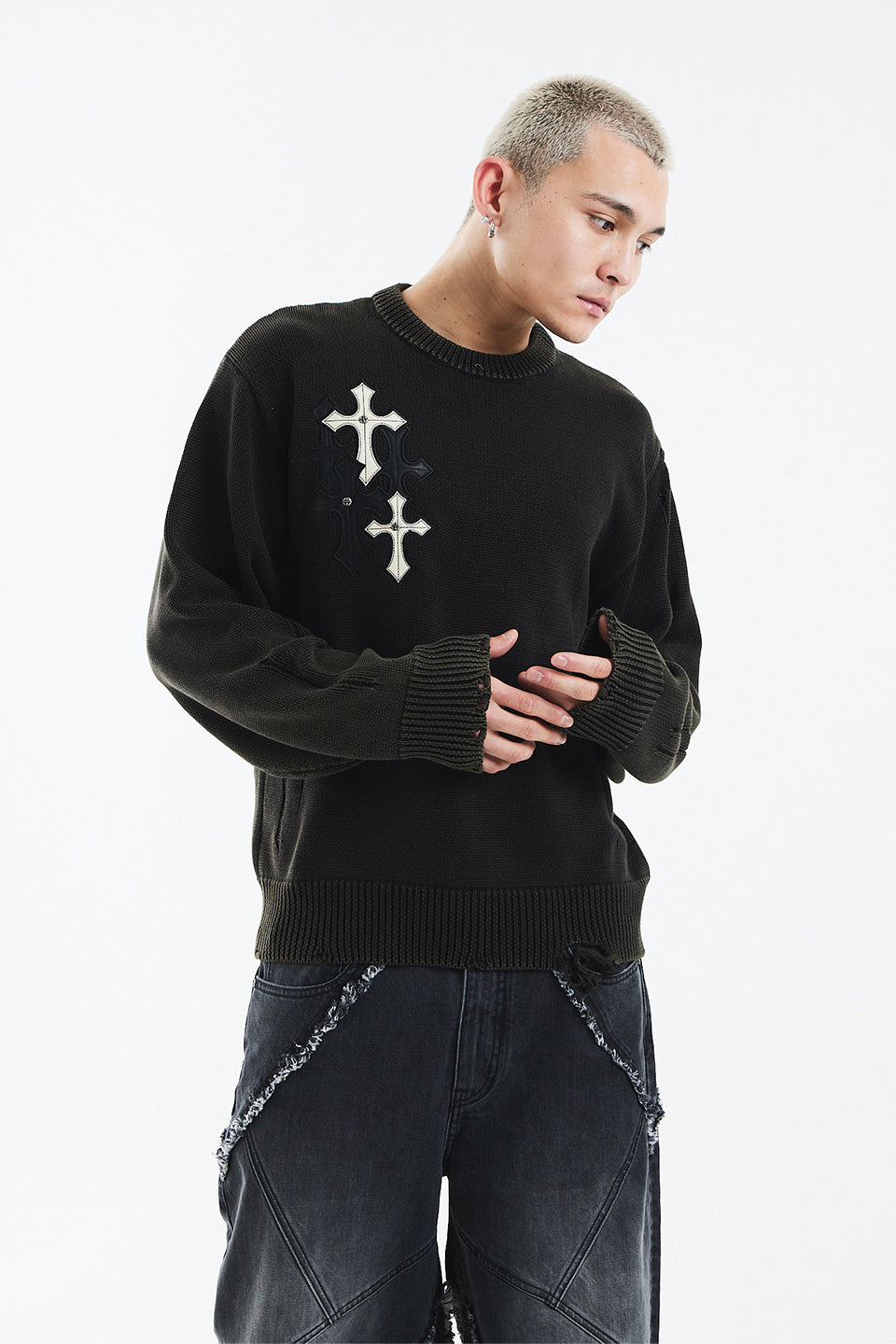 Distressed Multiple Cross Leather Patch Crew Knit