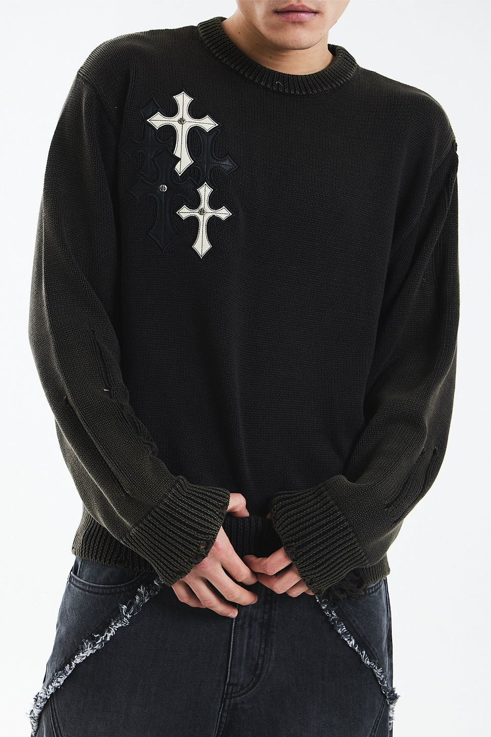 Distressed Multiple Cross Leather Patch Crew Knit