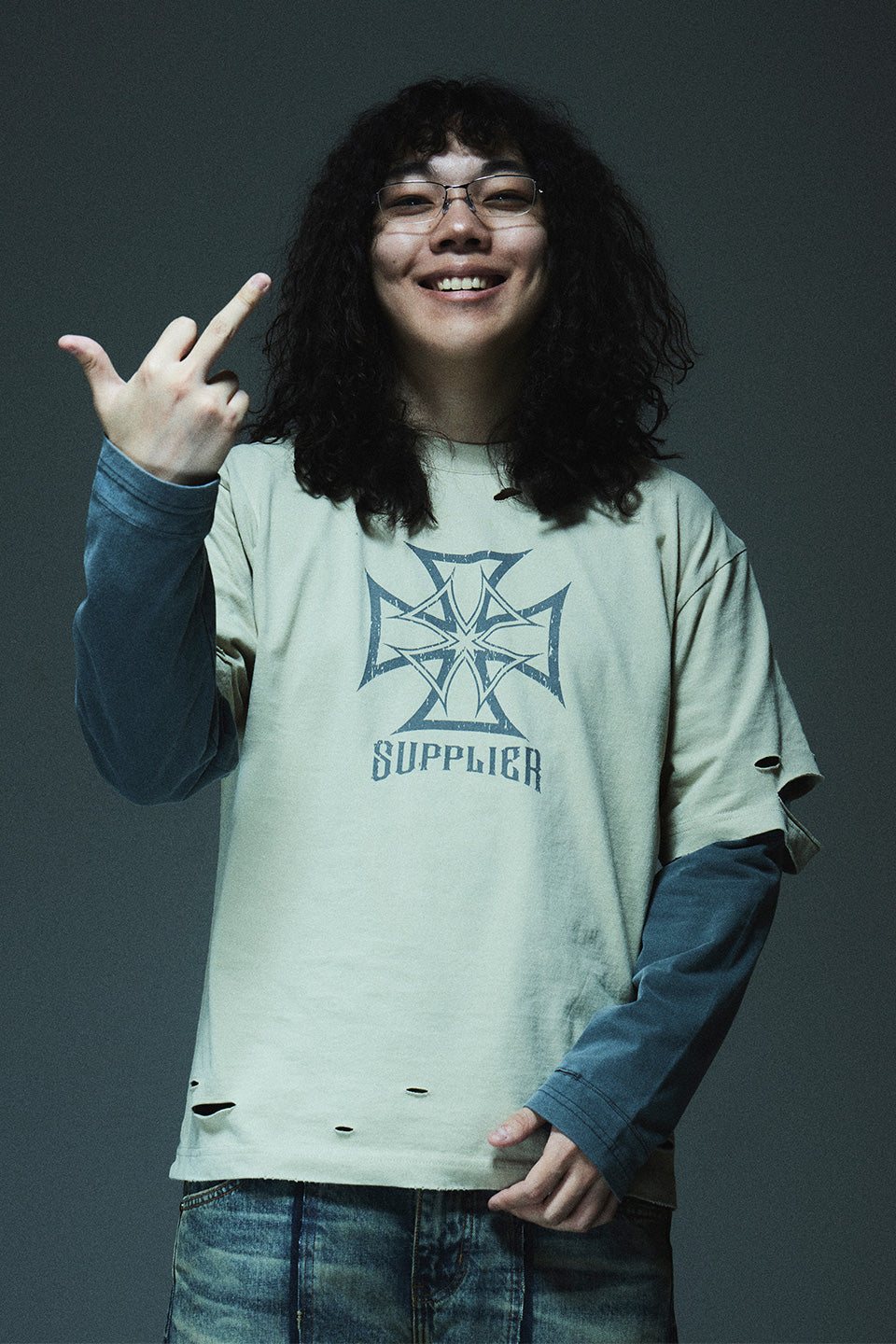 Dusty Iron Cross Layered Long Sleeve Tee