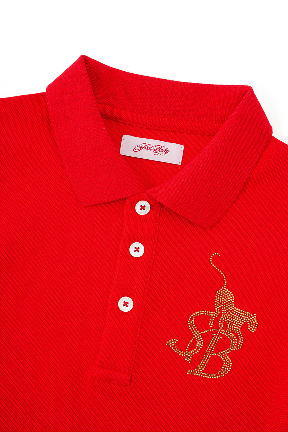 Rhinestone Leopard Logo Polo Shirt Women's Red