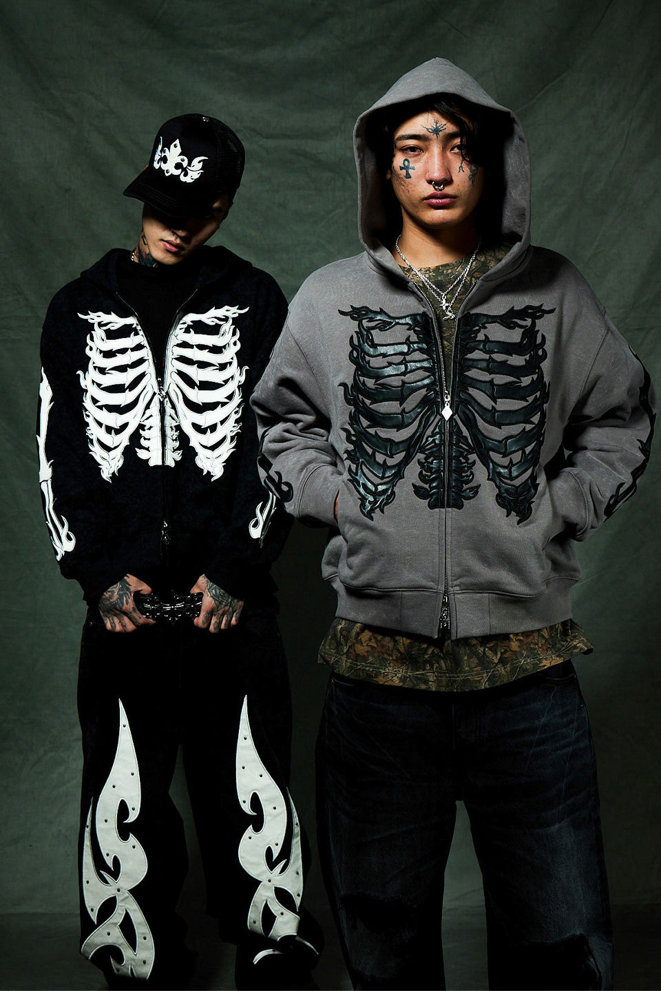 Fire Bones Leather Patch Zip Hoodie