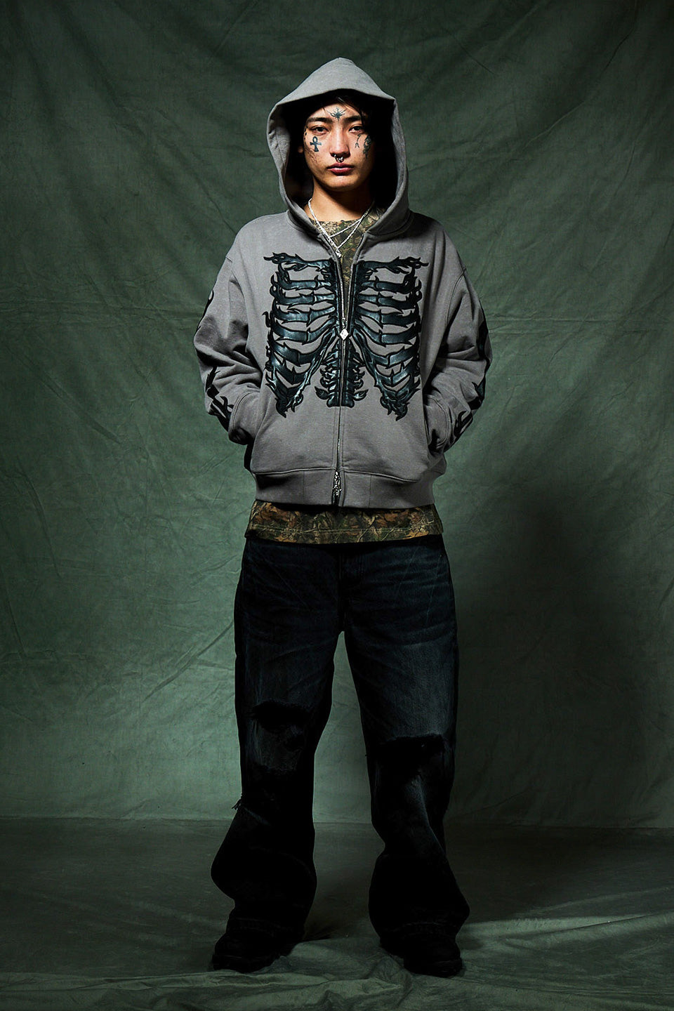 Fire Bones Leather Patch Zip Hoodie