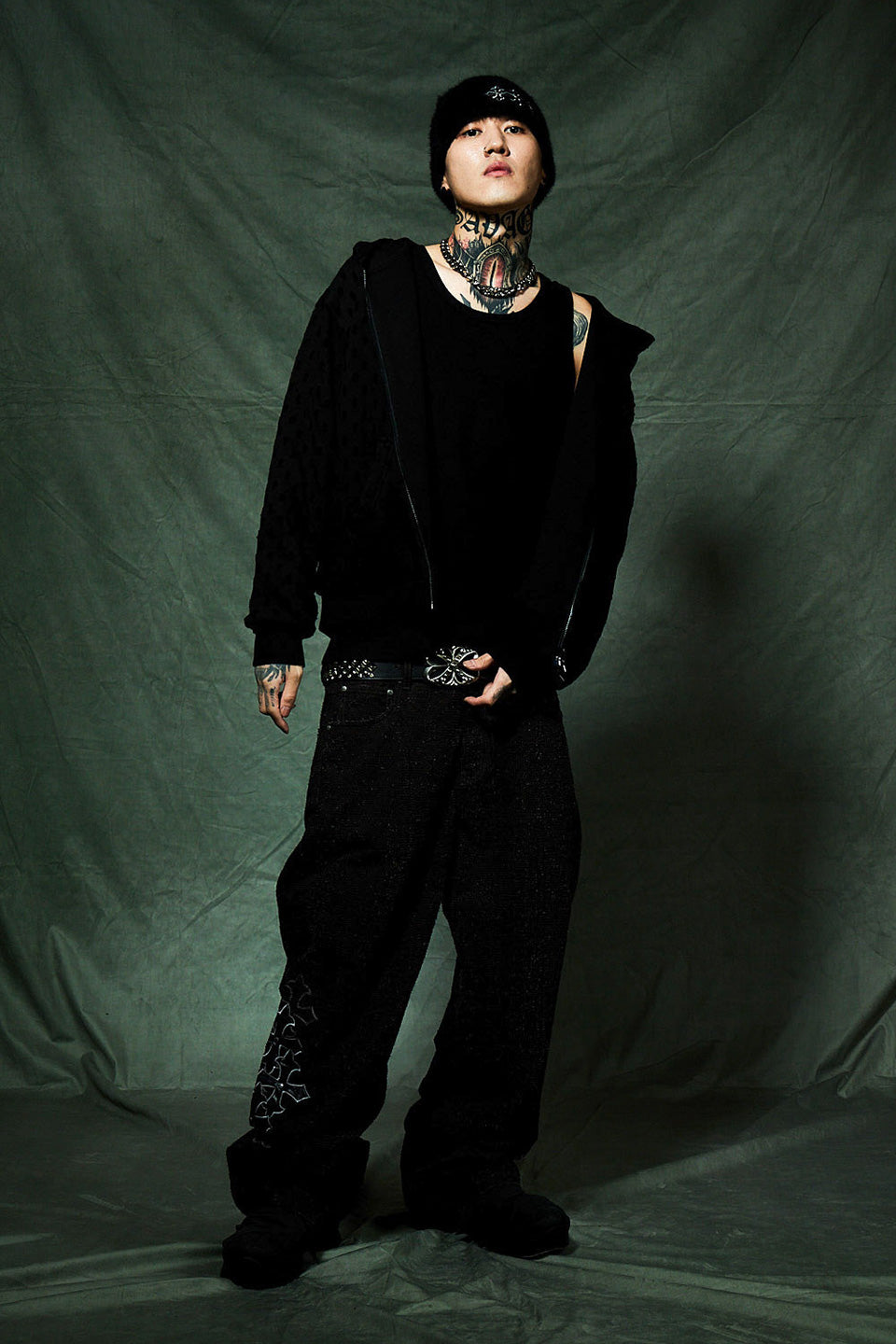 Multiple Cross Leather Patch Baggy Denim