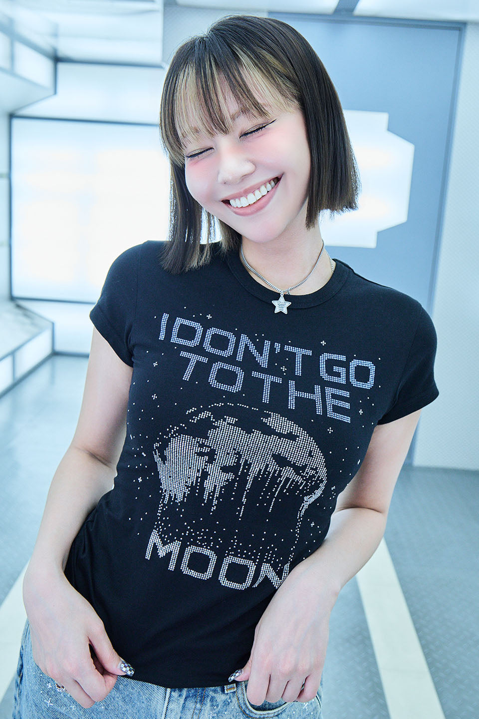 【I don't go to the moon】Moon Rhinestone Tee - Tight Fit - Black&White Set