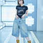 【I don't go to the moon】Moon Rhinestone Tee - Tight Fit - Black&White Set