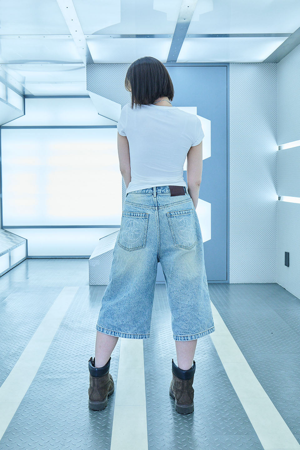 【I don't go to the moon】Moon Rhinestone Baggy Denim Shorts