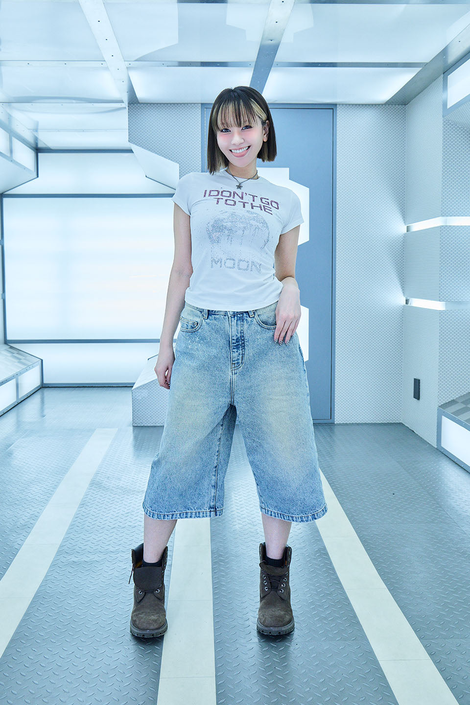 【I don't go to the moon】Moon Rhinestone Tee - Tight Fit - Black&White Set