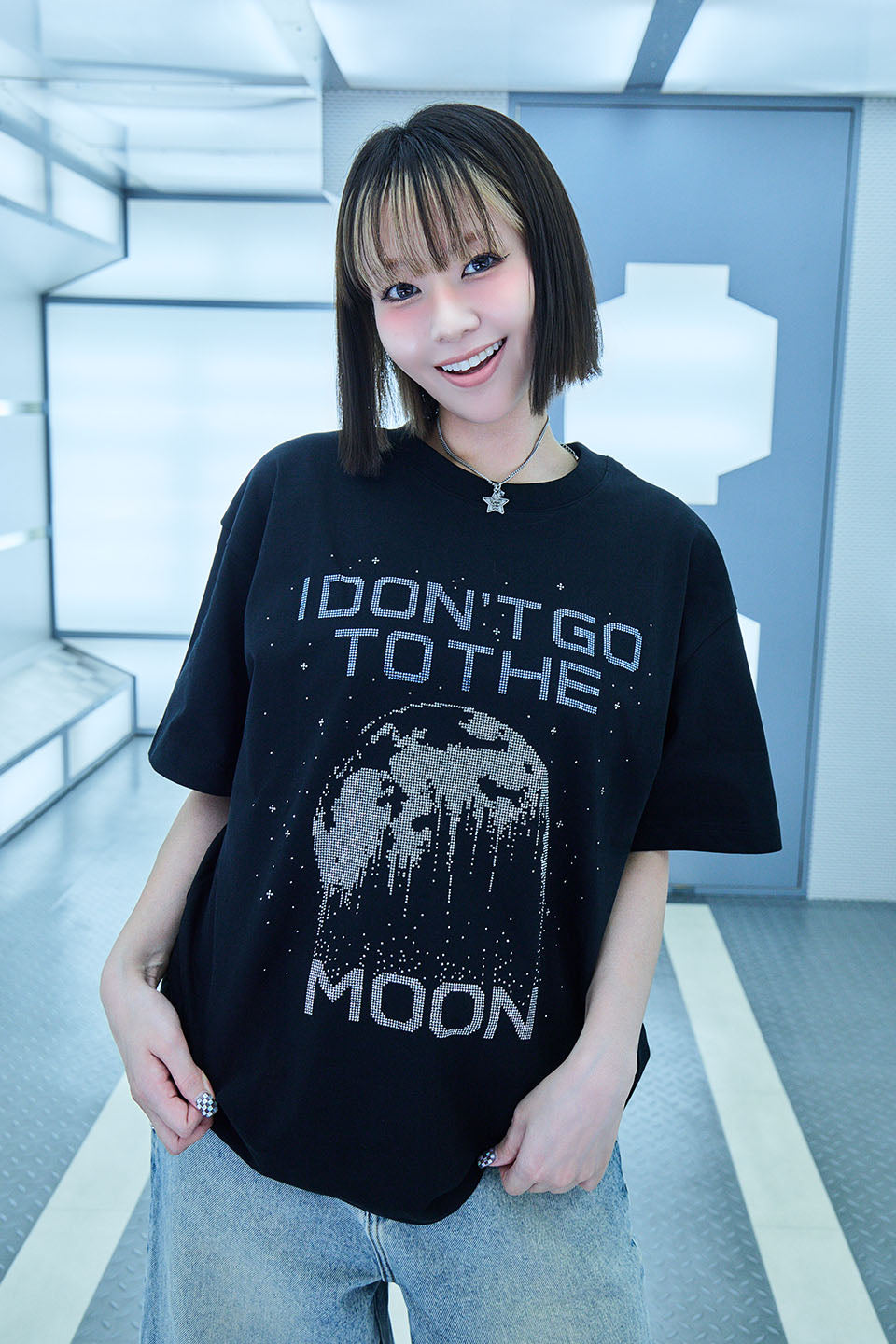 【I don't go to the moon】 Moon Rhinestone Tee - Oversize Fit