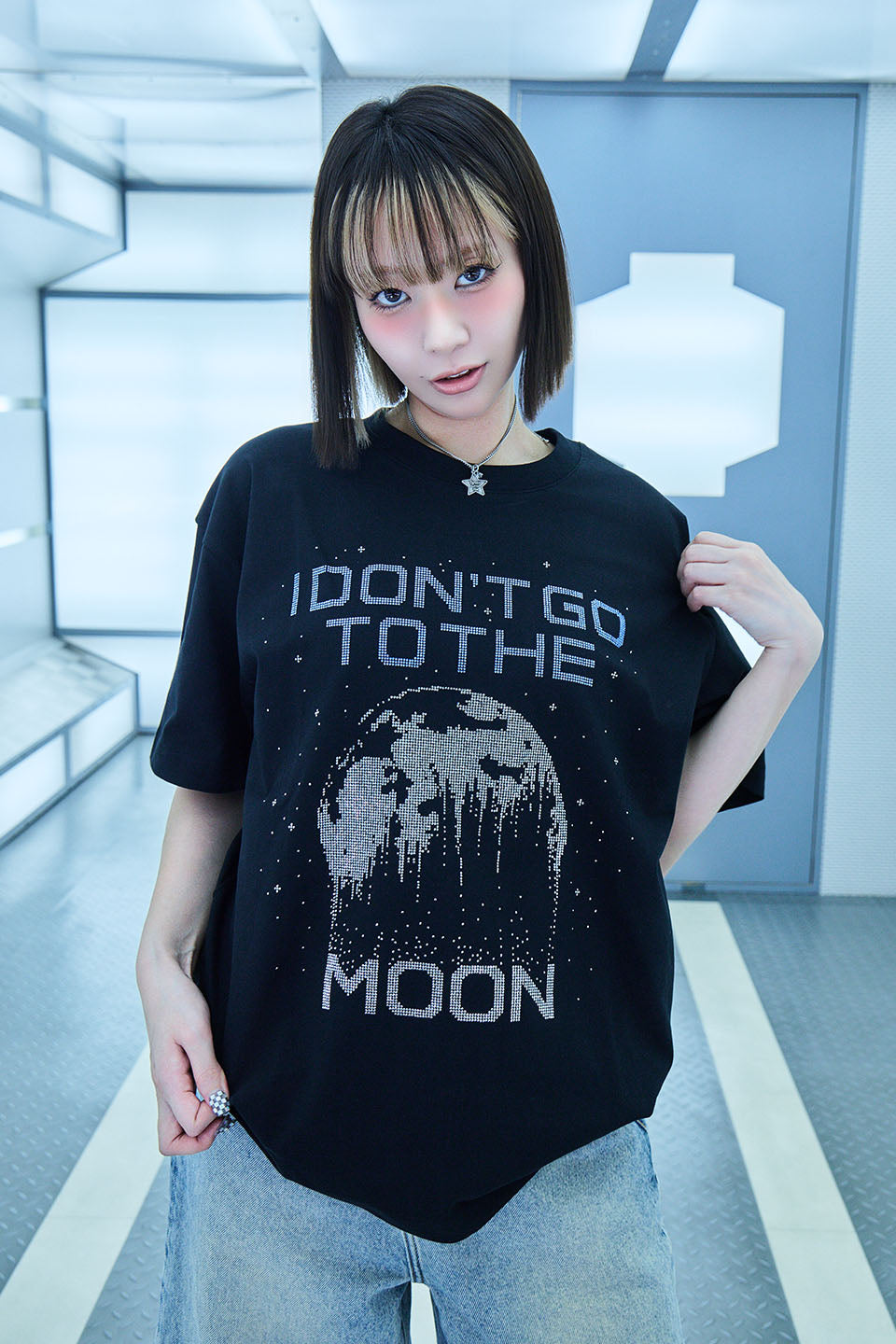 【I don't go to the moon】 Moon Rhinestone Tee - Oversize Fit