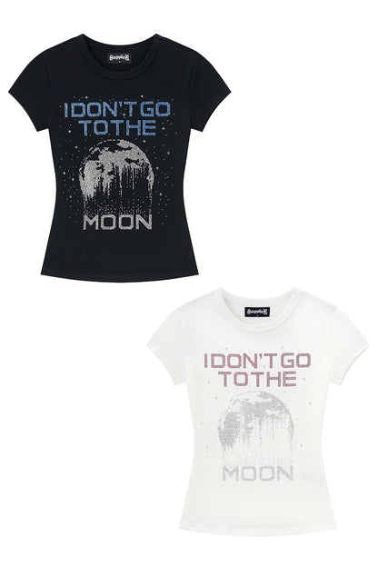 【I don't go to the moon】Moon Rhinestone Tee - Tight Fit - Black&White Set
