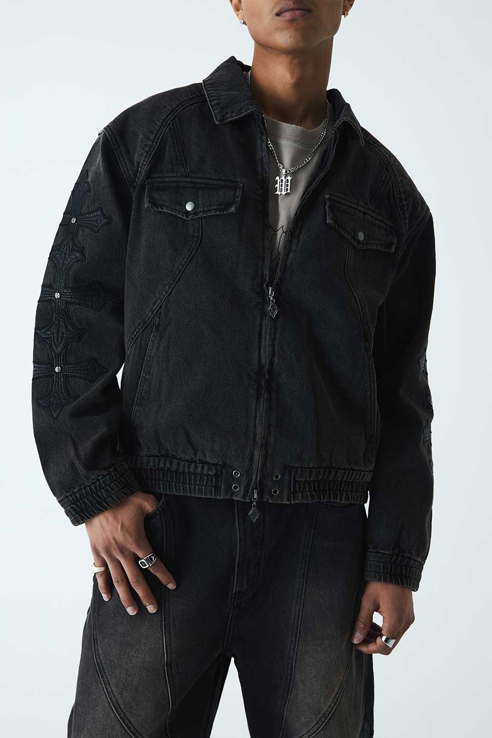 Cross Leather Patch Denim Jacket