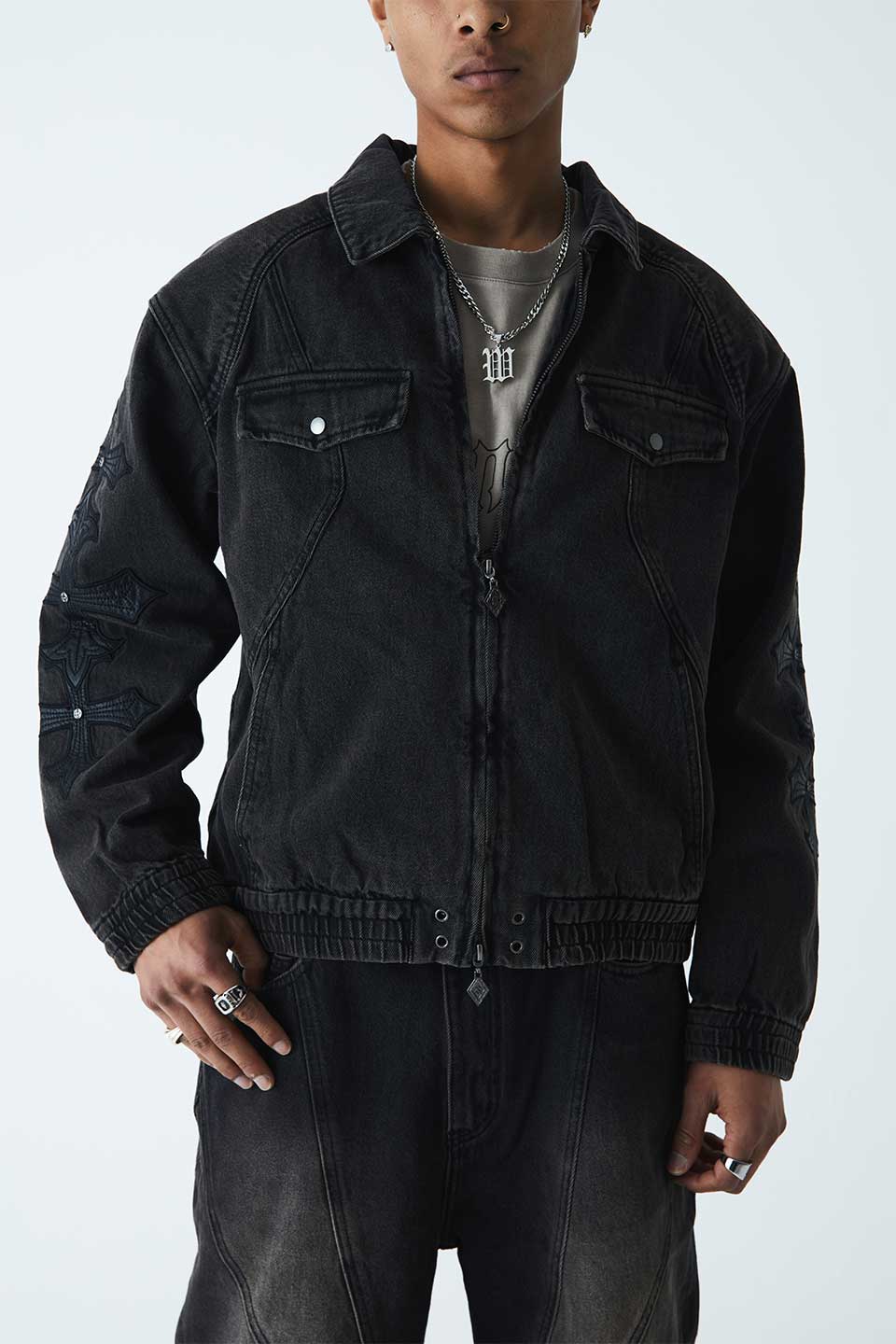 Cross Leather Patch Denim Jacket