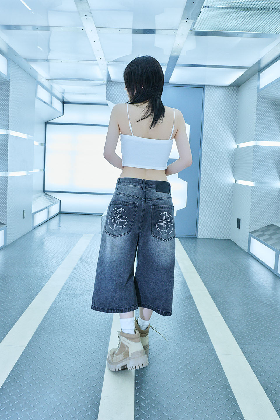 【I don't go to the moon】Moon Rhinestone Baggy Denim Shorts