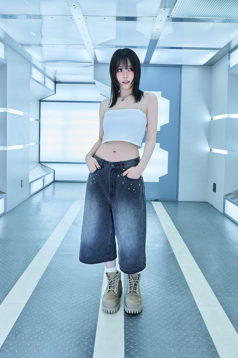 【I don't go to the moon】Moon Rhinestone Baggy Denim Shorts